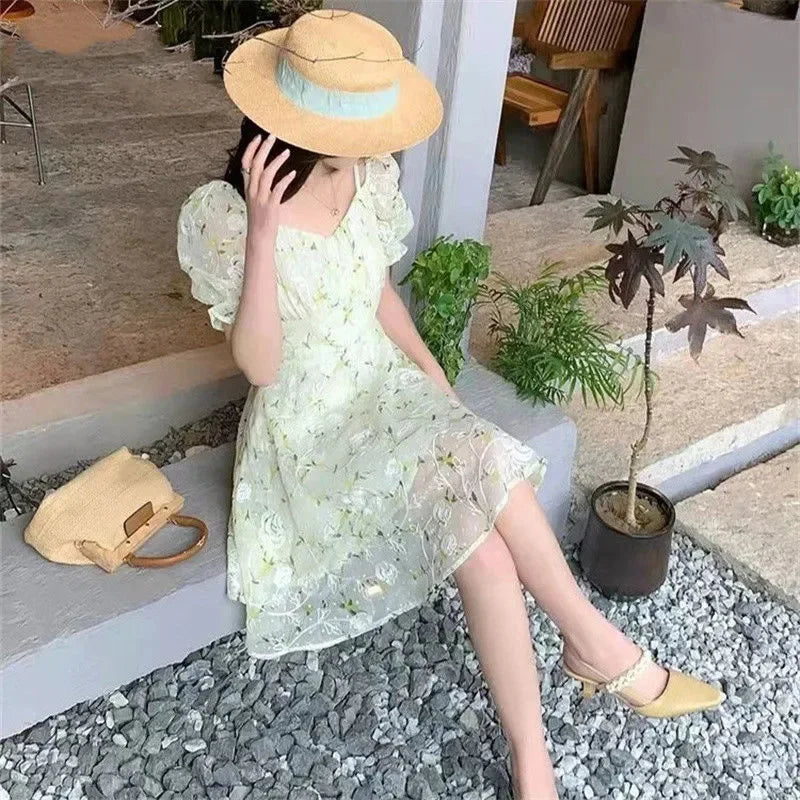 BXOXO Fairycore Floral Embroidery Dresses Female French Temperament Light Green Mini Dress Women Summer Sweet Fresh Puff Sleeve Dress