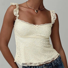 BXOXO Women Y2k Fairycore Tank Top Cute Sleeveless Lace Floral Low Cut Square Neck Ruffled Crop Camisole Going Out Mini Top