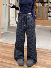 Bxoxo Blue Plaid Wide Leg Pants Women Autumn High Waist Drawstring Loose Casual Trousers Y2K Winter Thick Casual Ankle Length Pants