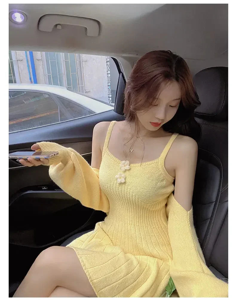 Bxoxo  Korean Autumn Winter Sweet Knitted Two Piece Dress Set Women Strap +Casual Coat Dress Set Style Solid Dress Suit