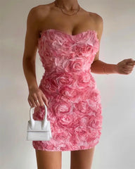 BXOXO Women Strapless Three Dimensional Floral Decoration Sexy Sweety Mini Party Dress Summer Sweet Pink Dresses Woman y2k Clothing
