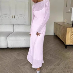Bxoxo Elegant Knitted Sweater Long Dress Women Sexy See Through Mesh Maxi Dress Sweet Fashion Solid Beach Vacation Dresses