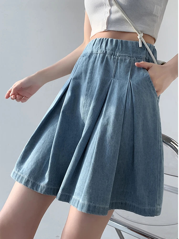 BXOXO S-5XL Summer Korean Fashion Blue Mini Denim Pleated Shorts Skirt Women High Waist A Line Short Pants Jeans Female