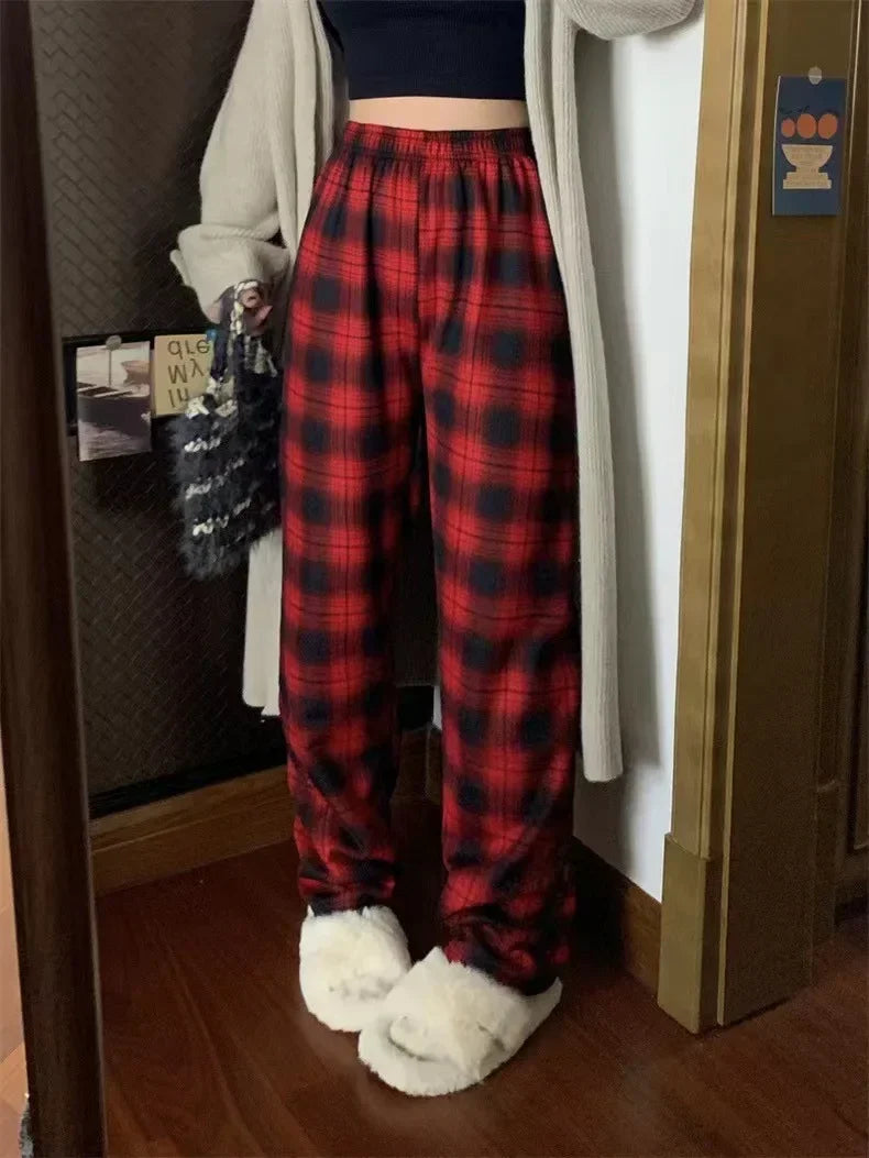 BXOXO Fashion Warm Plush Pants Cashmere Thick Plaid Ladies Winter Casual Loose Wide-legged Pants Korean Streetwear Students
