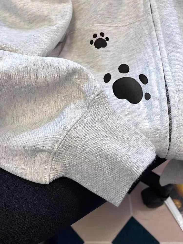 Bxoxo Cartoon Print Cute Hoodies Women Vintage Long Sleeve Loose Kawaii Sweatshirt Japan Retro Casual Pockets Female Gray Y2K Tops New