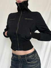 BXOXO Y2k Vintage Streetwear Medium-high Neckline Zipper Jacket Tops All Match Waist Slimming Woven Short Coats Korean Solid
