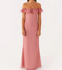 BXOXO Women Off Shoulder Long Dress Slim Dot/Plaid Tie-up Cut Out Ruffle Sleeve Backless Bodycon Dress for Party Club