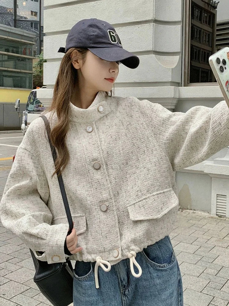 Bxoxo Sweet Women Loose Tweed Jackets Casual Vintage Elegant Long Sleeve Small Fragrance Coats Korean Retro All Match Fall Winter Tops