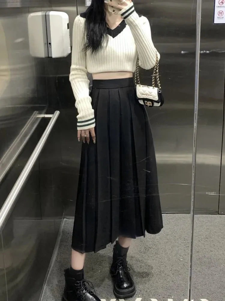 BXOXO Long Pleated Skirt Women Vintage Korean Fashion Solid High Waist A-line Midi Skirt School Girl Elegant Casual Autumn