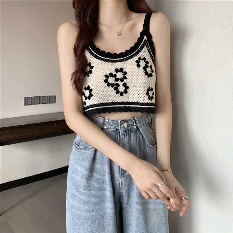 BXOXO Women Vintage French Crochet Sleeveless Camisole Vintage Hollow Out Knit Floral Crop Top Sexy V-Neck Backless Beach Sling