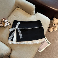 BXOXO Fashion Lace Spliced Women Suit Skirts Stylish Bow A-Line Mini Skirts Elegant Temperament High Waist Slimming Short Faldas New