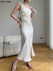 Bxoxo Women's White Elegant Sleeveless Slim Split Slip Dresses Summer Fashion New Female Clothing Evening Party Wedding Guest Dress
