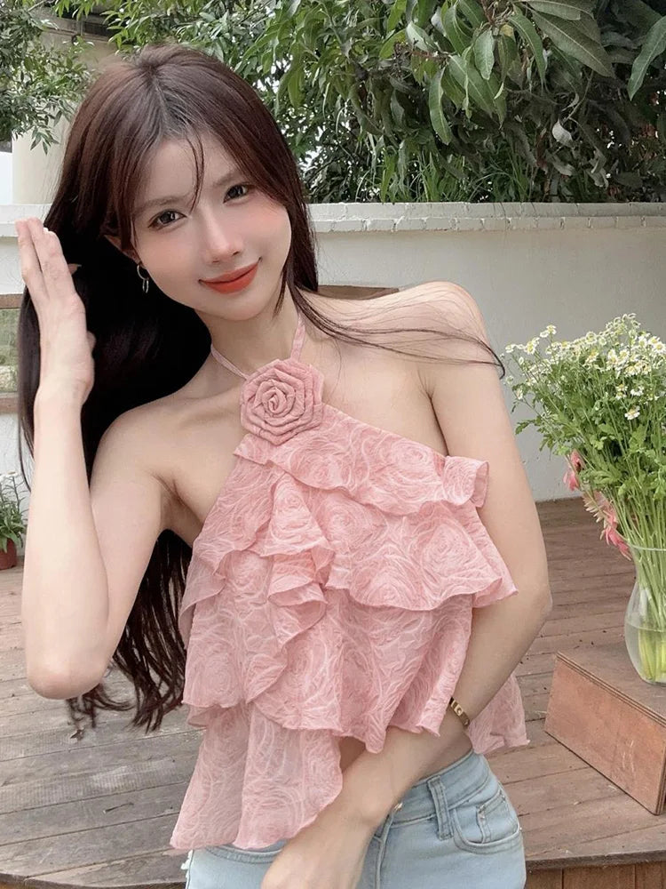 BXOXO 3D Floral Sweet Halter Tanks Women Elegant Fashion Sexy Cropped Camis Tanks Summer Chic Female Backless All Match Top Tanks