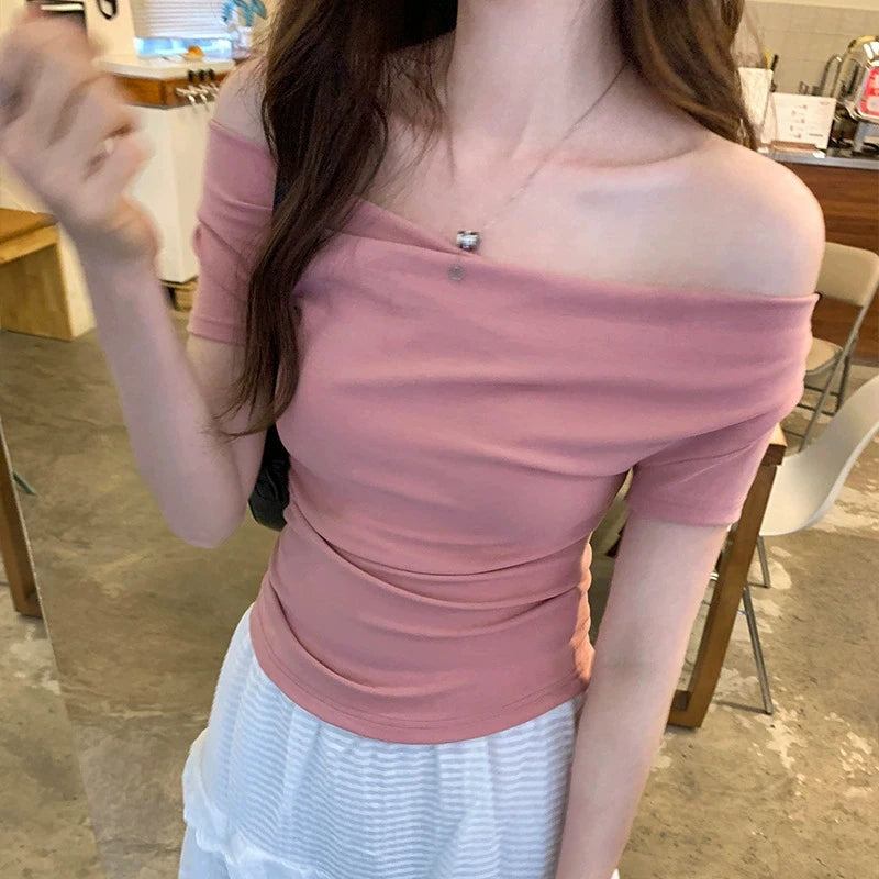 Bxoxo Summer Women's Cropped T Shirts Elegan Slash Neck Short Sleeve Tops Female Korean Slim Office Ladies Basic Tees New