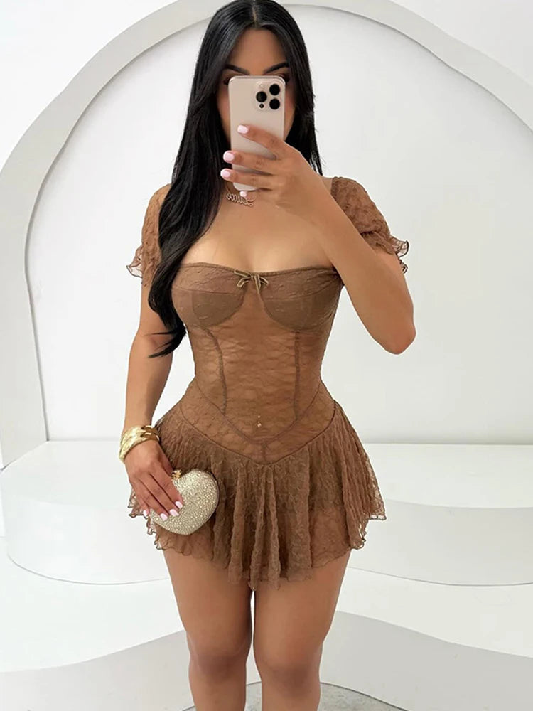 BXOXO Sexy Dress Women Swing Collar Summer New Trend Shorts Sleeve Patchwork Jacquard Mesh Midnight Party Skinny Mini Bodycon