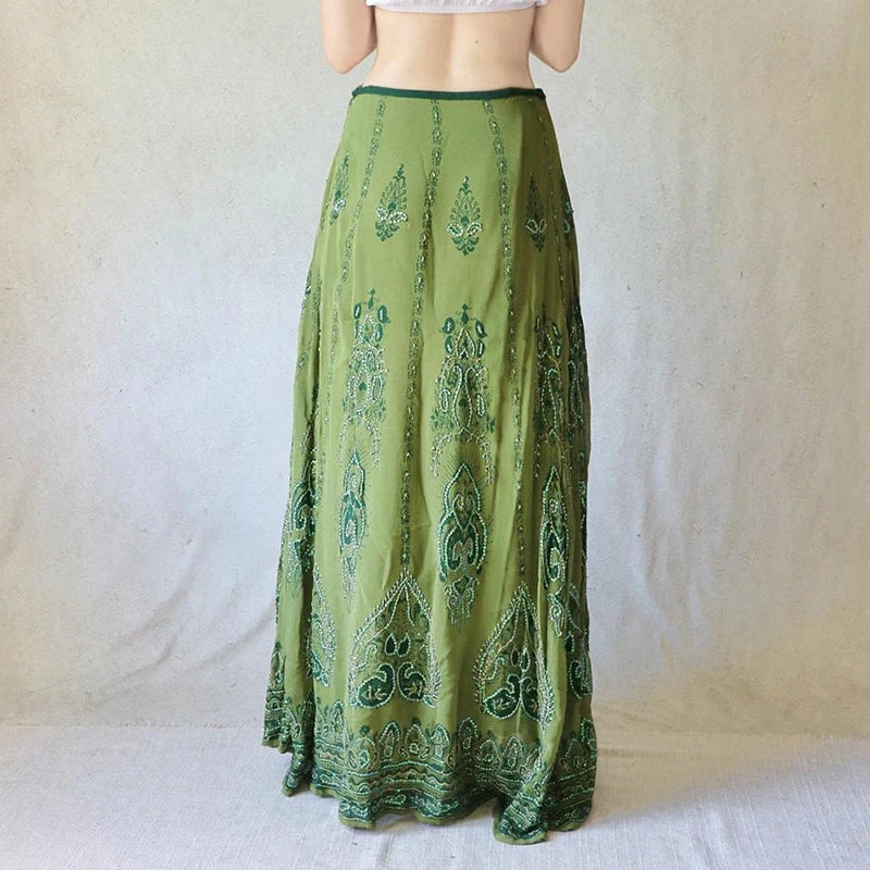 Bxoxo Retrp Print Knitted Long Skirts Chic Lace-up Low Rise Loose A-line Vintage 2000s Skirts for Women y2k Aesthetic Clothing