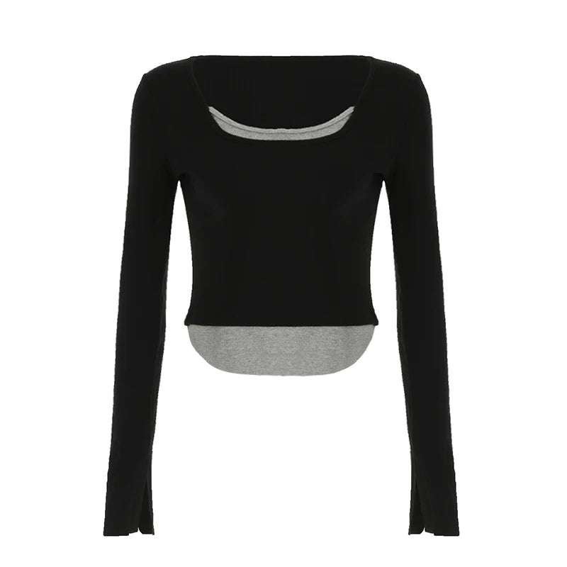 Bxoxo Contrast Stitching Crop Top Harajuku y2k Casual Full Sleeve Patchwork T-shirts for Women Fall Basic Tee Ladies Streetwear