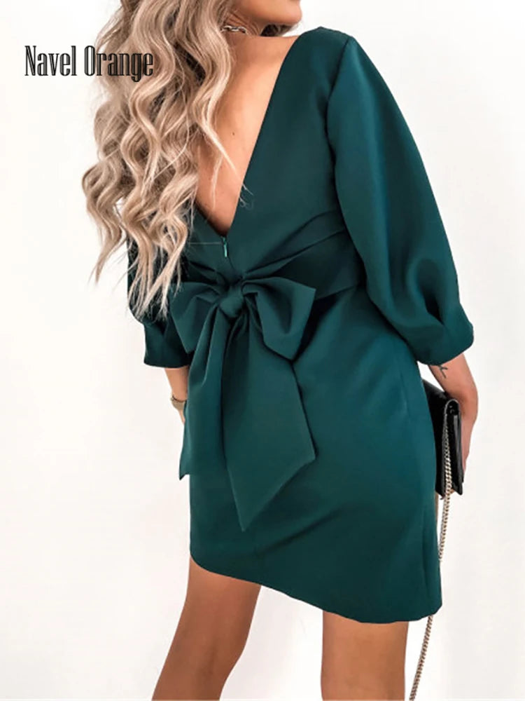 Bxoxo Women Solid O-Neck Princess Party Dress Spring Autumn Sexy Three Quarter Sleeve Ladies Bow Backless Streetwear