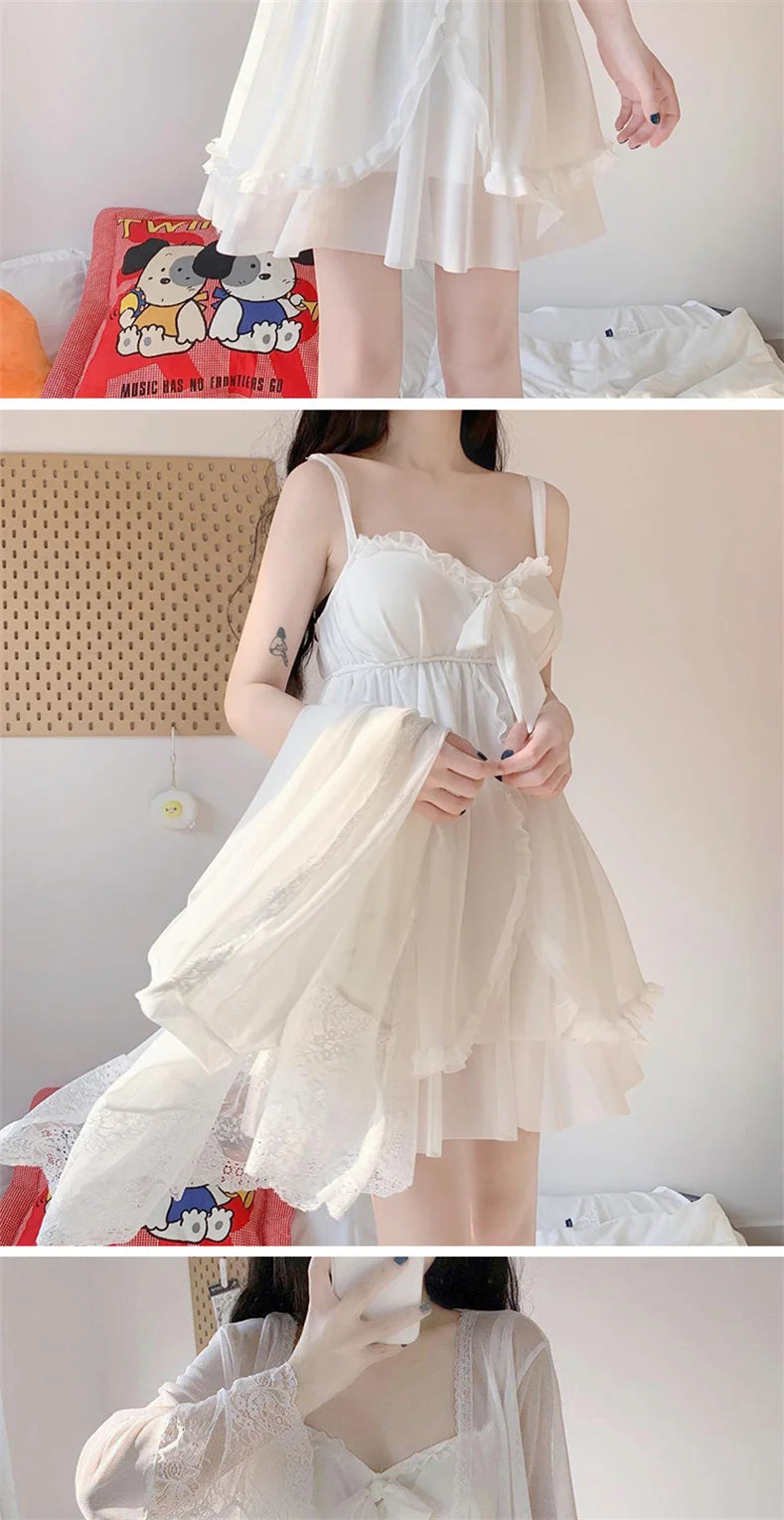 Bxoxo Elegant Sweet Simple Solid White Women Robe Gown Sets Chic Lace Bow Mesh  Sleepwear Breathable Slim Nightdress