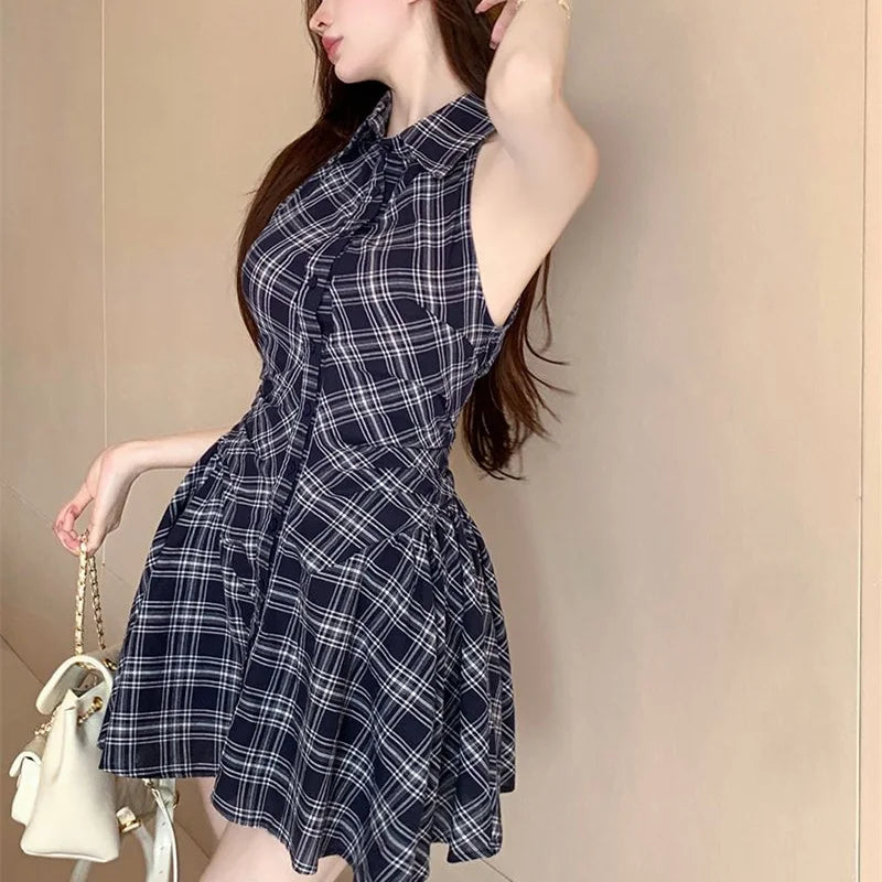 BXOXO Women Summer Plaid Sleeveless Mini Shirt Dress