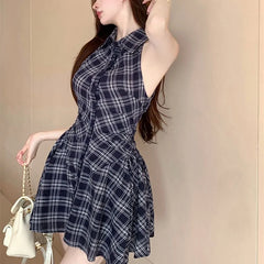 BXOXO Women Summer Plaid Sleeveless Mini Shirt Dress