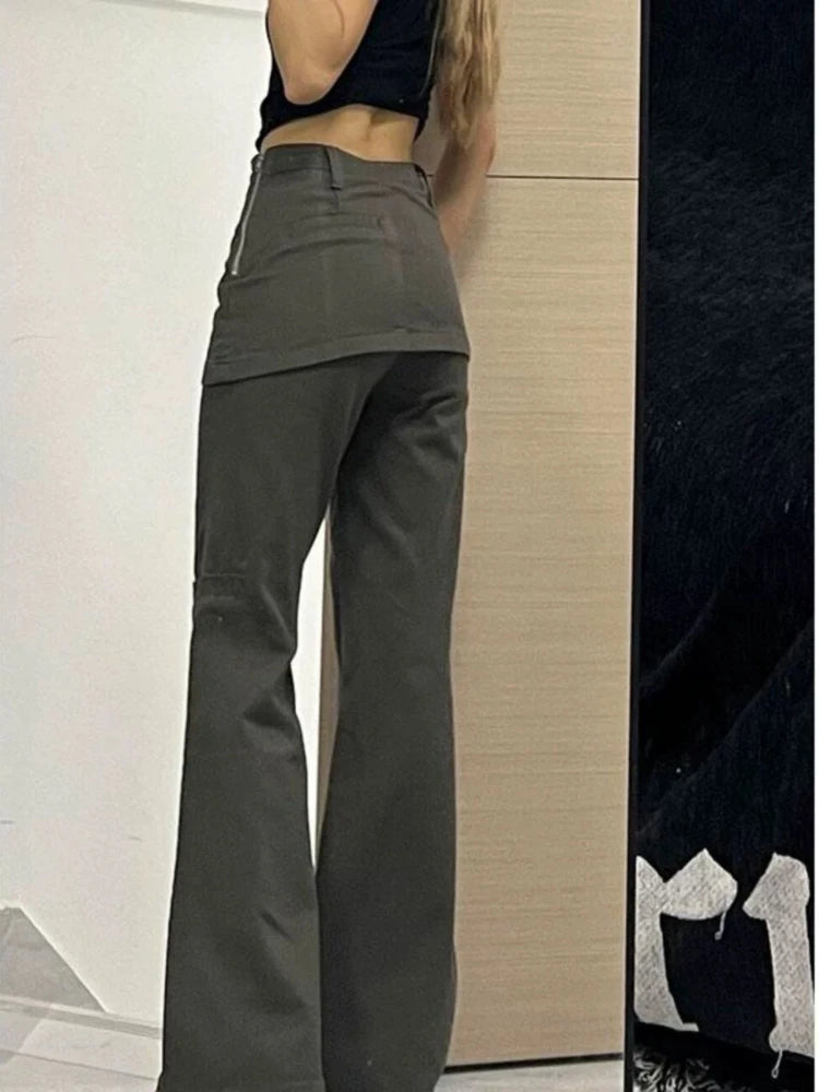 Bxoxo Harajuku Patchwork Women Flared Pants Vintage High Waist American Style Fake Two Piece Trousers Y2k Baggy Solid Gyaru