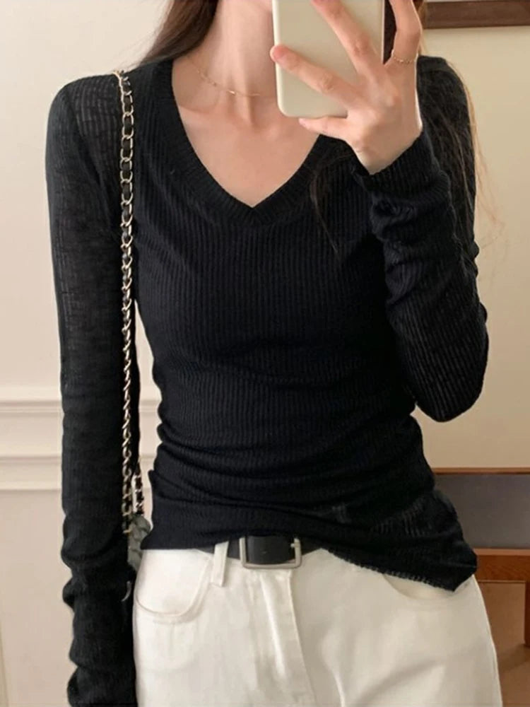 Bxoxo Women Long Sleeve T Shirt Thin Perspective Summer Solid Slim Casual Shirts Female Pullovers Basic Tee Y2k Clothes Streetwear Top