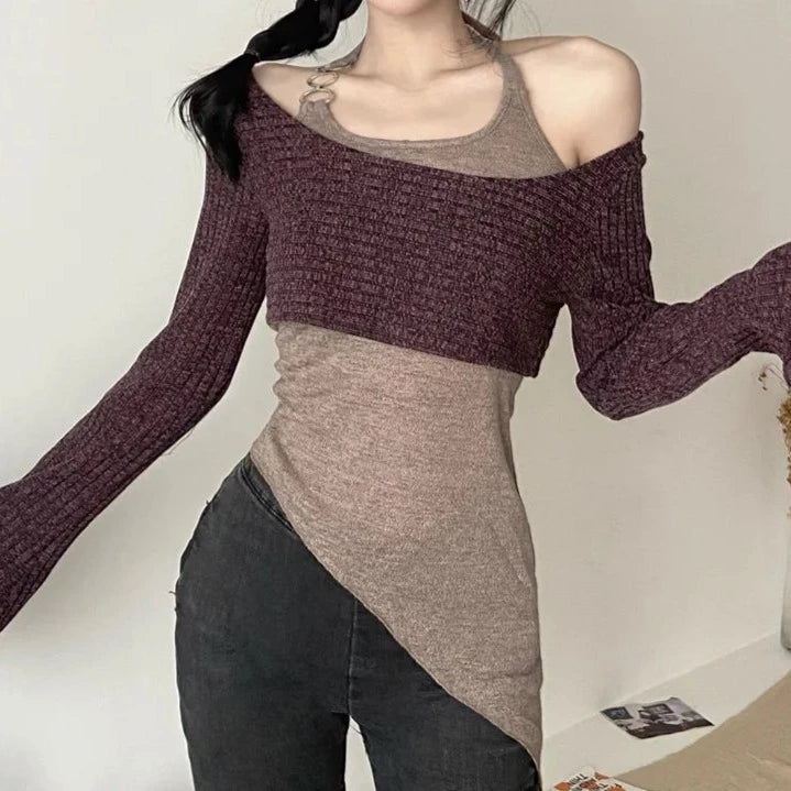 BXOXO Elegant Simple Solid Color Fake Two Pieces Casual Knitted Elastic Breathable Women's Long Top