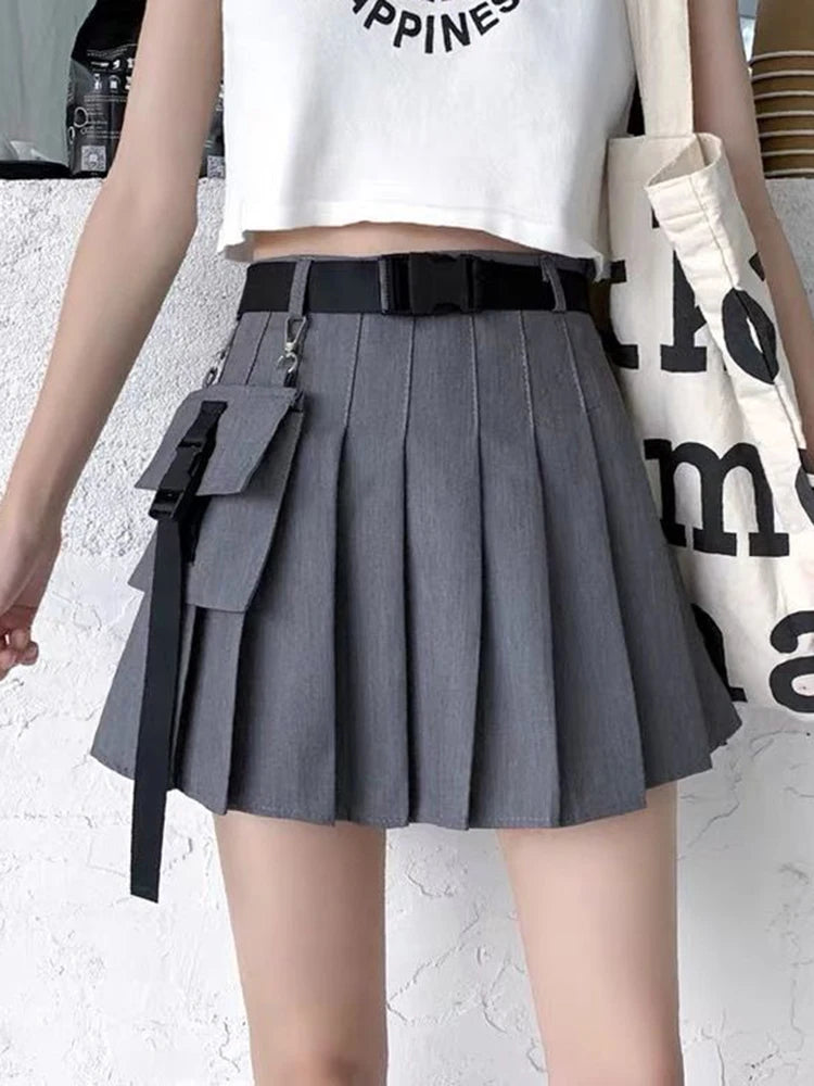 Bxoxo Harajuku Belt Pleated Cargo Skirt Women Fashion Gothic High Waist Pocket Mini Skirts Fashion Summer Lady A Line Black Skirt