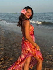 BXOXO Summer Sexy Women Sleeveless V Neck Sling Maxi Dress Fashion Backless Lace-up Printed Vestidos 2025 New Lady Beach Party Dresses