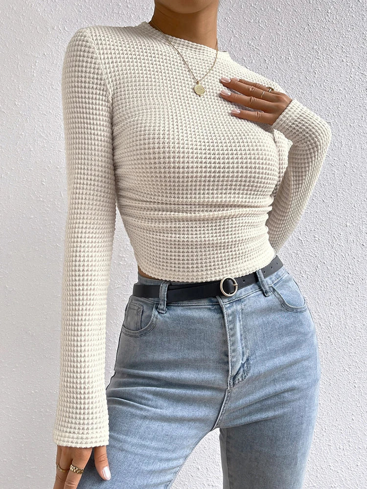 BXOXO White Autumn T-shirt Women O-Neck Clothese Long Sleeves Winter Crop Top Solid Knitted T Shirt Female Streetwear Sexy Cropped Top