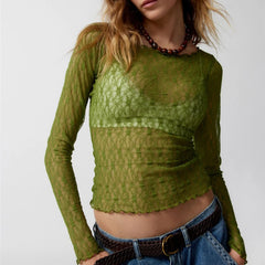 BXOXO Vintage Asymmetric Slim Fit Crop Tops Fairy Coquette Floral Lace Sheer Tshirt Tops Summer Long Sleeve T Shirts Women