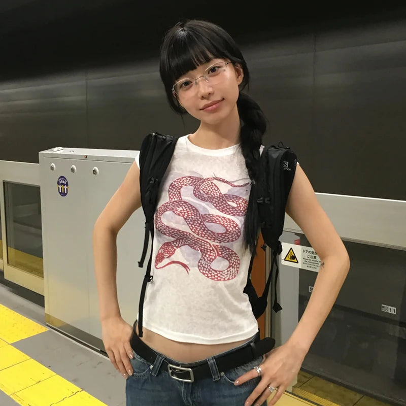 BXOXO 2000s Aesthetic T Shirt Women Short Sleeve Slim Print Graphic Tops Y2k Vintage Grunge Tops Streetwear American Retro