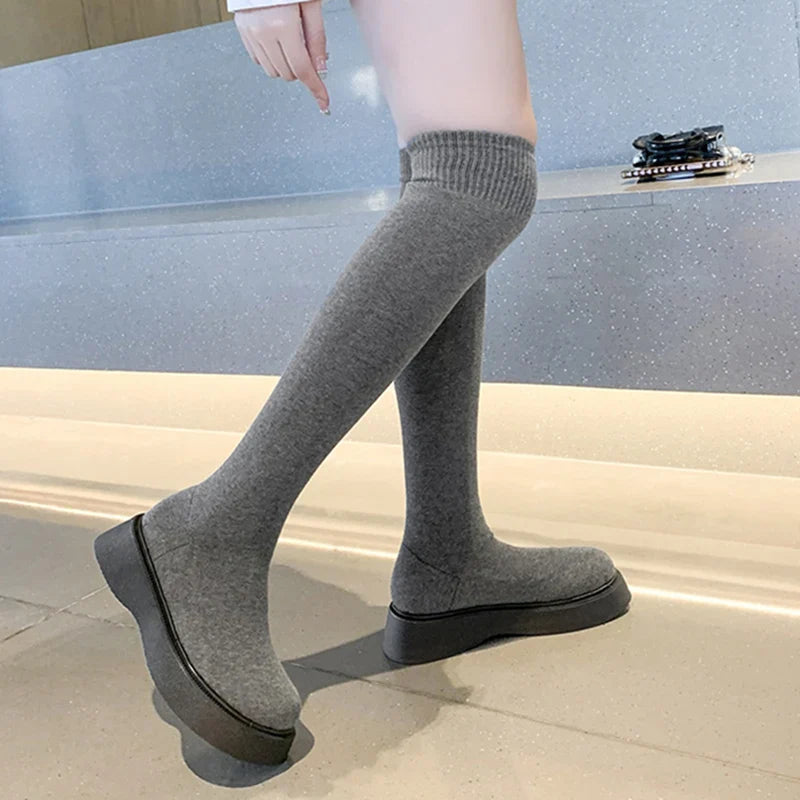 BXOXO Autumn Winter Women Platform Over The Knee Boots Ladies Stretch Knitted Socks Long Boots Slip-On Thick Bottom Shoes Woman