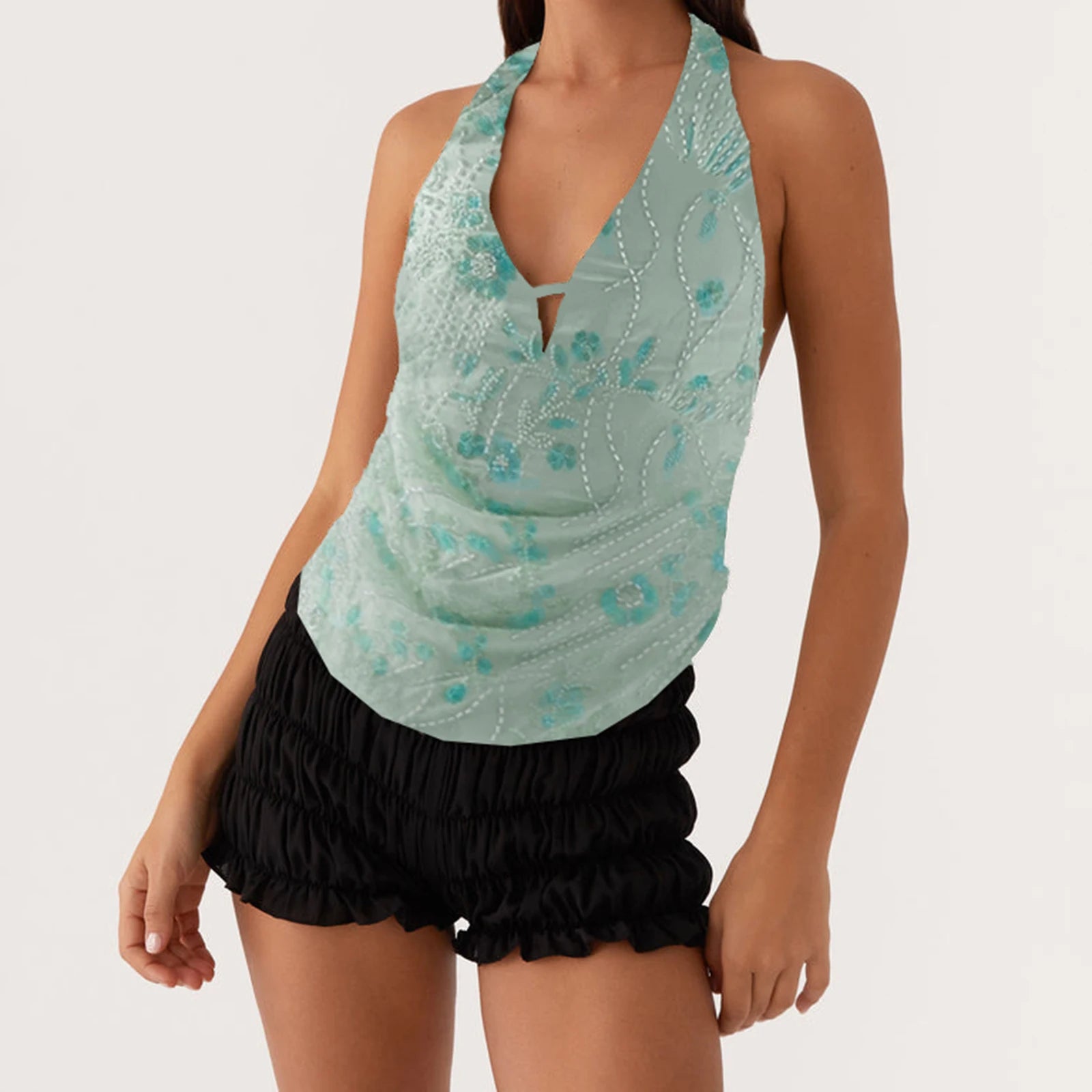 BXOXO Women Halter Tops Summer Beaded Floral Pattern Backless Shirts Vest for Streetwear Y2K Aesthetic Grunge Clothes