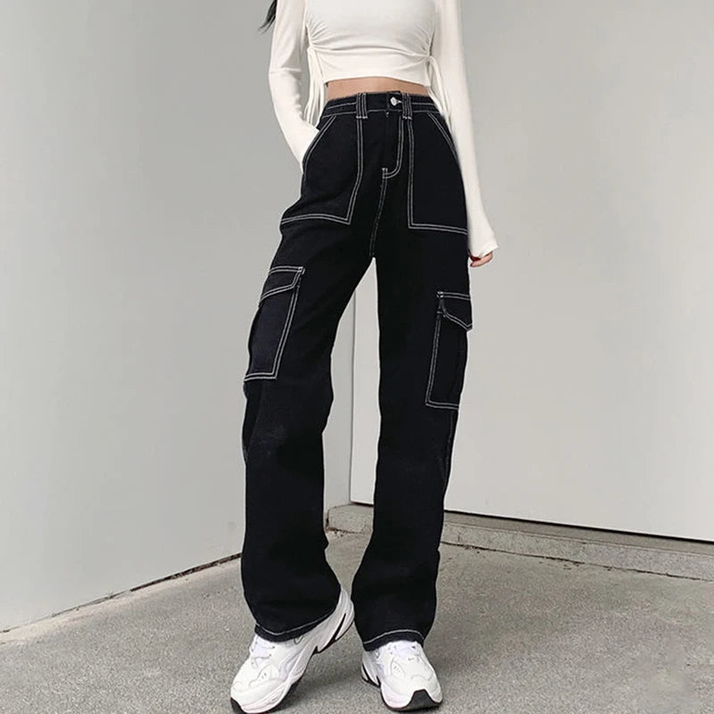 Streetwear Pockets Black Cargo Jeans Women High Waist Straight Denim Trousers Woman Harajuku Wide Leg Long Pants