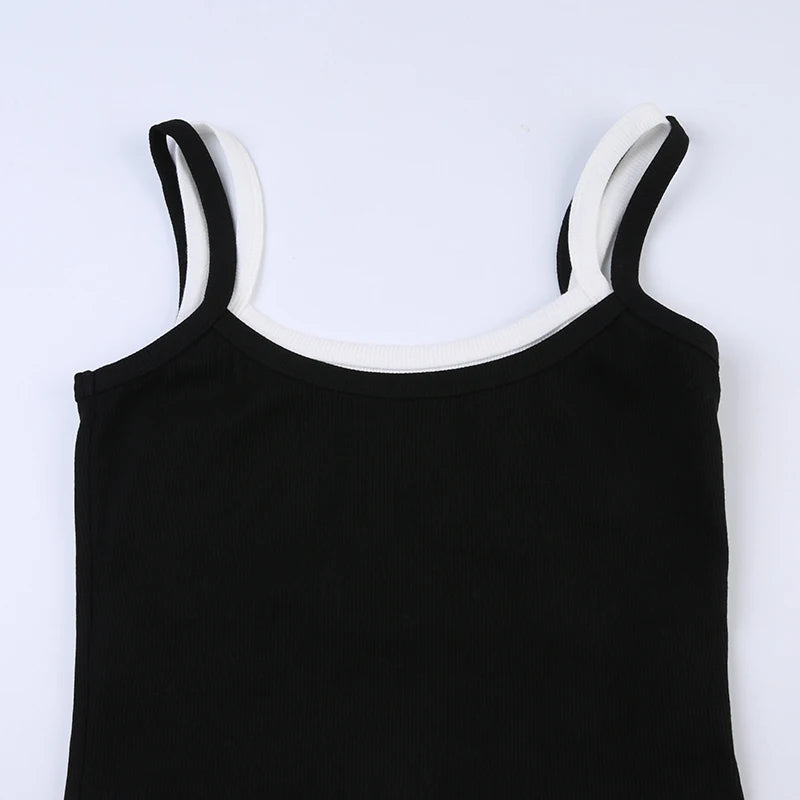 Bxoxo Contrast Fake Two-piece Crop Top Casual Patchwork Sleeveless Fashion Camis Vintage y2k Women Summer Tees Ladies Mini Vest
