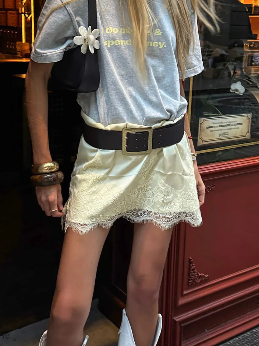 Bxoxo Lace Splice Satin Mini Skirt For Women 2025 New Fashion High Waist Casual Skirts Loose Elegant Commuting Female Skirt
