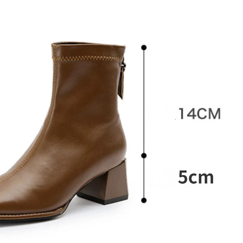 BXOXO Square Toe Women Ankle Boots Flock Stretch Shoes Thin Mid Heels Black/Brown/Beige Back Zipper Dress Sock Boots Woman Size 34-40