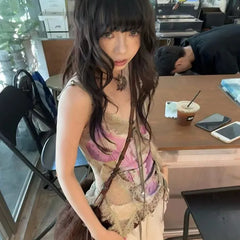 BXOXO Gothic Tank Tops Women Sleeveless Tie Dye Y2k Vintage Crop Tops Streetwear 2000s Japanese Lace Up Camis E-girls Summer