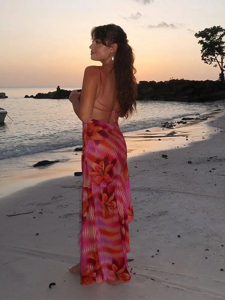 BXOXO Summer Sexy Women Sleeveless V Neck Sling Maxi Dress Fashion Backless Lace-up Printed Vestidos 2025 New Lady Beach Party Dresses