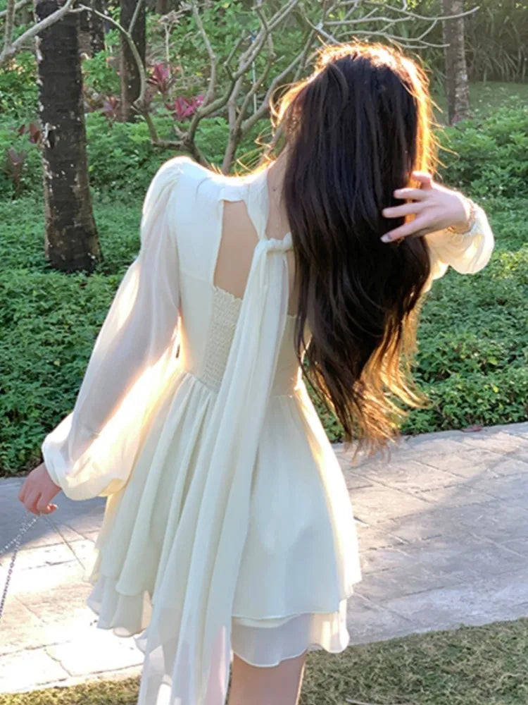 BXOXO French Elegant Slim Ruffle Dress Summer Women Graduation Evening Party Robe Female Bubble Sleeve Korean Chiffon Vestidos