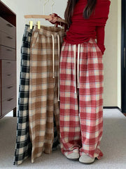 Bxoxo Vintage Faux Woolen Plaid Pant Women High Waist Soft Loose Wide Leg Trousers Casual Female Fall Winter Pockets Retro Y2K Pants