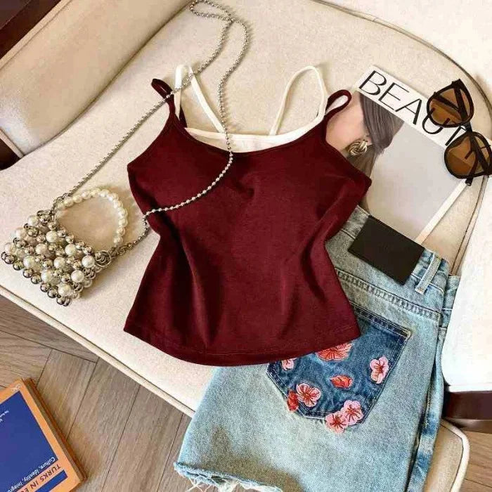 Bxoxo Fashion Patchwork Fake 2 Piece Women Camis Summer Fashion Spaghetti Straps with Chest Pad Vest Korean Chic Base Tank Female