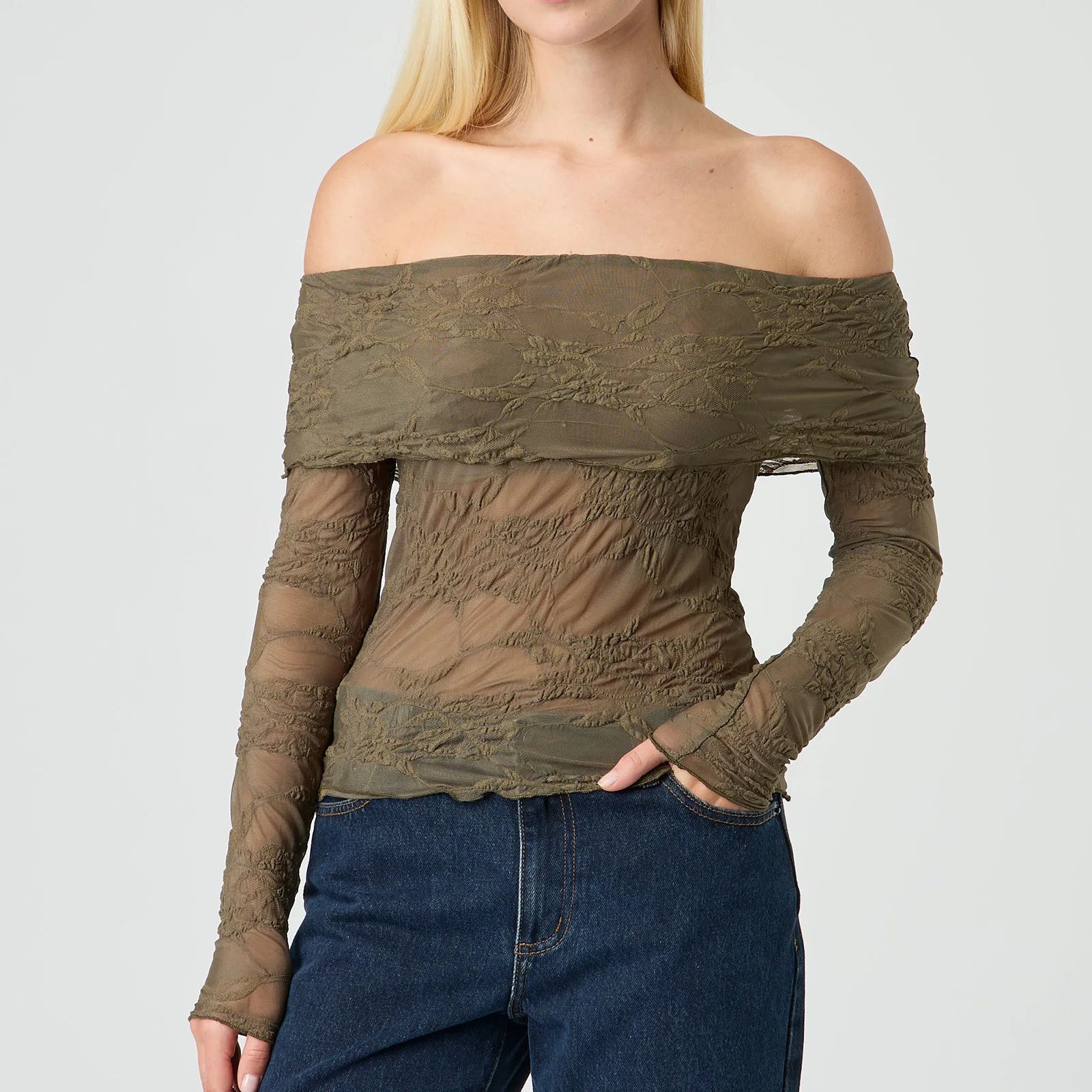 BXOXO Womens Off Shoulder Sheer Tops Floral Lace Chest Folding Boat Neck Long Sleeve Casual T-Shirt for Parties Streetwear
