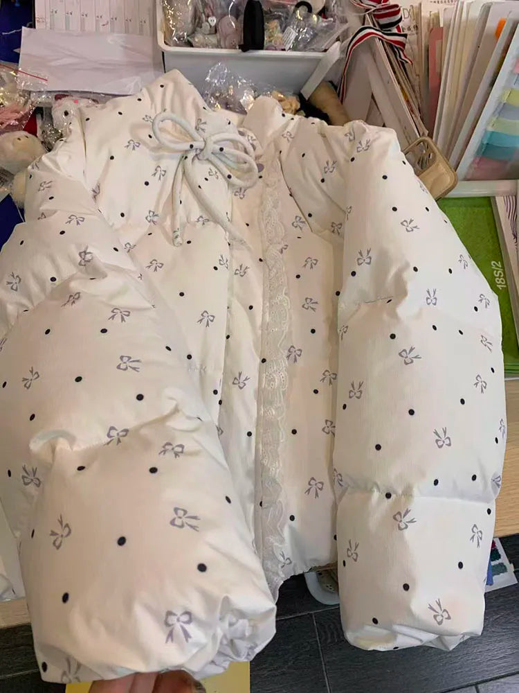 Bxoxo Lace Patchwork Parkas for Female Y2K Korean Loose Preppy Casual Puffer Jacket Sweet Bow Printing Thick Zipper Fluffy Down Coats