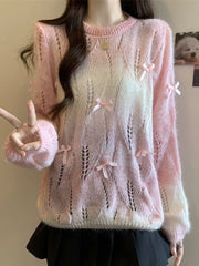 Bxoxo Sweet Bow Hollow Out Sweaters Women Korean Fashion Gradient Long Sleeve Knitted Pullover Preppy Style Loose Elegant Cute Jumpers
