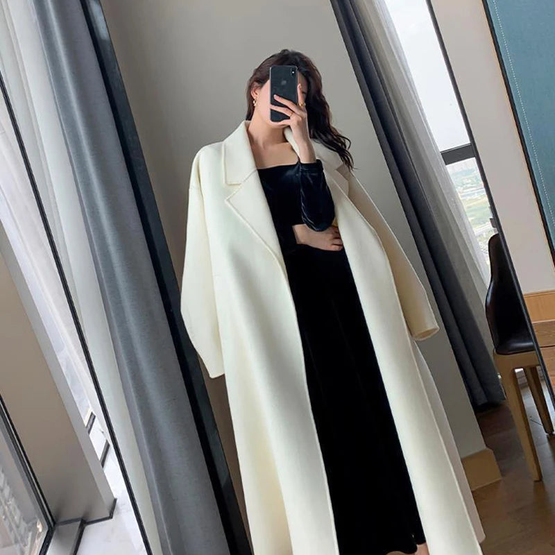 BXOXO Elegant Midi Wool Blends Coat Women Korean Thicken Long Bandage Jackets Oversized Lace Up Outwear White Cardigan Woolen Overcoat