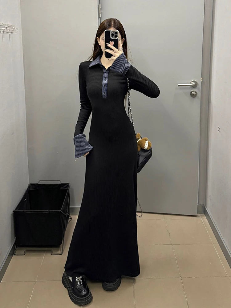 Bxoxo Black Patchwork Long Sleeve Knit Dress Women Autumn Korean Lapel Midi Dress Y2K Elegant Office Lady All Match Party Vestidos