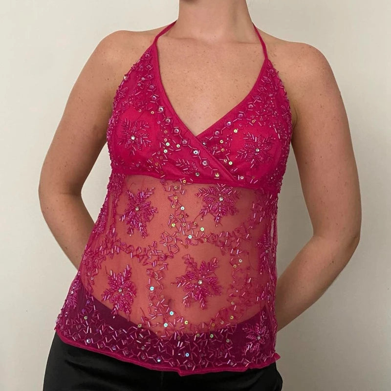 BXOXO Women's Sequin Halter Tank Tops Sleeveless V-Neck Backless Slim Fit Sheer Mesh Vest Y2k Sparkle Club Party Rave Outfit